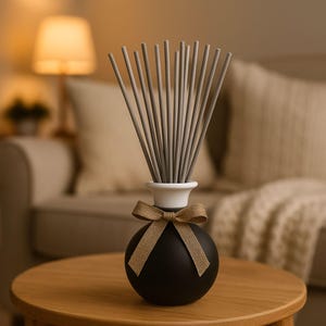 May include: A black spherical diffuser with a white neck and gray reeds. A tan ribbon is tied around the neck of the diffuser. The diffuser is on a wooden table in front of a couch and lamp.