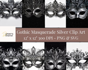 Gothic Masquerade Mask Clip Art: Silver & Black (Digital Download)