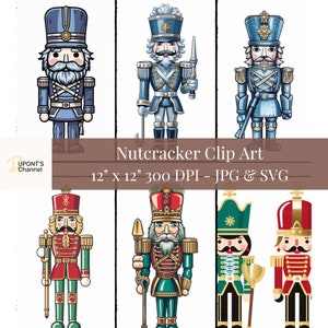Clipart de quebra-nozes, quebra-nozes azul prateado e vermelho dourado JPG SVG download digital, artesanato de férias para álbum de recortes de Natal arte de inverno