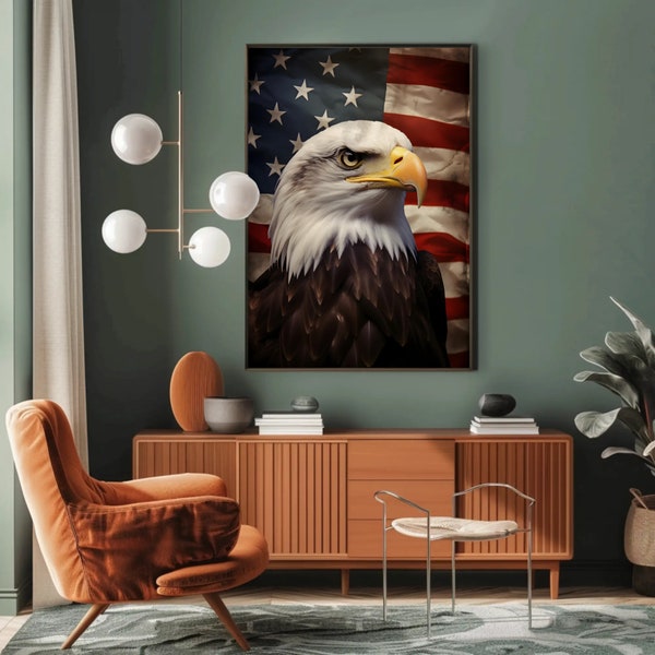 Majestic Bald Eagle Patriotic Portrait: American Flag Backdrop - National Symbol, USA Pride, Wildlife Photography Print