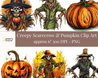 Creepy Scarecrow & Pumpkin Clip Art: Haunted Harvest PNG (Digital Download)