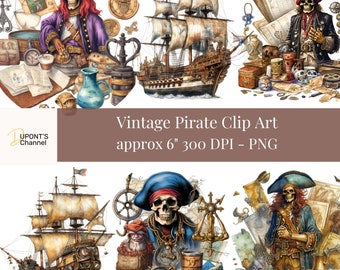 May include: Vintage pirate clip art set featuring a pirate ship, a skull and crossbones pirate, and a treasure chest. The images are in a watercolor style and are perfect for digital scrapbooking, card making, and other craft projects.