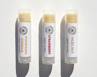 Organic Natural Lip Balm Trio, Strawberry Hazelnut Mandarin Vanilla Flavour Lip Balm For Dry Chapped Lips, Lip Care, Self Care