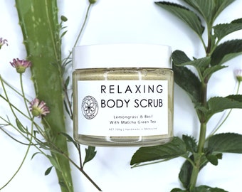 Relaxing Body Scrub Exfoliating With Sea Salt, Sugar Scrub, Jojoba Beads, Matcha Green Tea, Selfcare Pamper Her Spa Time