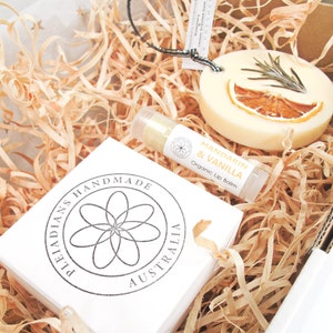 Self Care Package For Her Handmade Birthday Gift Box, Australian Organic Soap Bar, Lip Balm, Air Freshener, Handwriting Gift Card