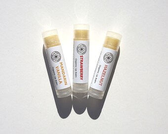 Organic Natural Lip Balm Trio, Strawberry Hazelnut Mandarin Vanilla Flavour Lip Balm For Dry Chapped Lips, Lip Care, Self Care