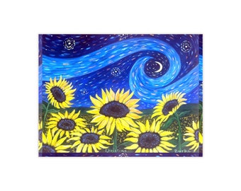 May include: A vibrant painting of sunflowers under a swirling night sky. The artwork features bright yellow sunflowers with dark centers against a deep blue background with stars and a crescent moon. The artist's name, Christine Burke, is visible.