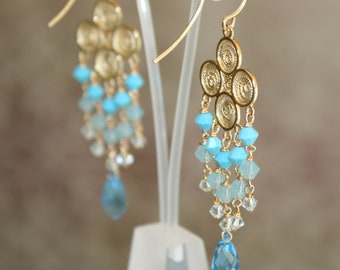 Turquoise long earrings, Gold chandelier earrings, Drop dangle earrings, Clover filigree earrings, Oriental dangle earrings, Ethnic earrings