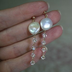 Round  white pearl earrings, Simple gold earrings, Gold dangle earrings, Pearl gold earrings, Long  bridal earrings, Bridal pearl earrings