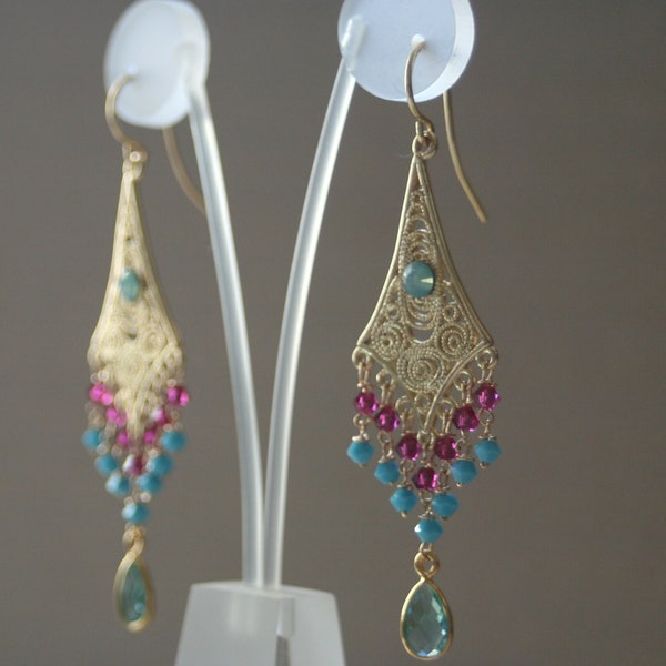 Turquoise & hot pink crystal earrings, Ethnic filigree earrings, Oriental chandelier earrings, Gold drop chandelier earrings, Ethnic earring