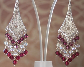 Chandelier statement earrings, Silver chandelier earrings, Long ethnic earrings, Filigree bordeaux  earrings