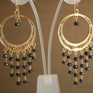 Boho chandelier earrings, Filigree earrings, Gold chandelier earrings, Long dangle earrings, Black spinel gemstone dangle earrings