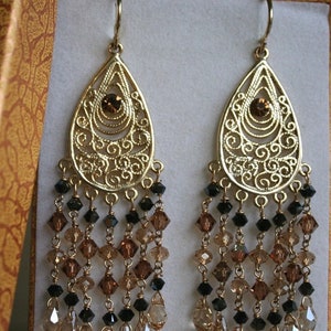 Swarovski  brown crystal earrings, Statement long earrings, Teardrop earrings, Gold drop earrings, Ethnic jewelry, Dangle & drop earrings