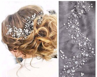 Bridal hair vine long Wedding headpiece Crystal back hair piece Babys breath comb Silver flexible halo headpiece Pearl forehead headband