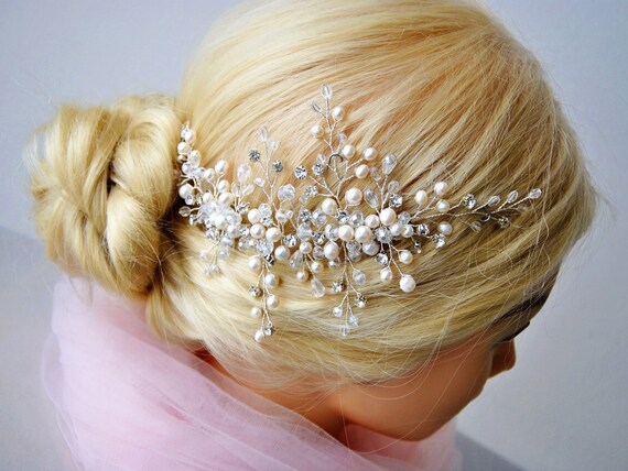 Bridal Side Hair Piece Pearl Wedding Headpiece Crystal Brooch Etsy