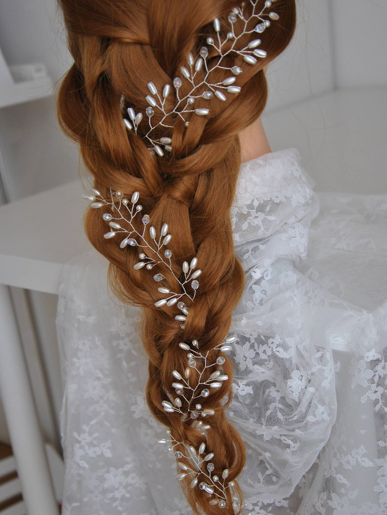 Wedding hair vine Pearl bridal headpiece long Wedding hair accessories Silver headband Baby breath hair piece Crystal halo Ornament Wreath