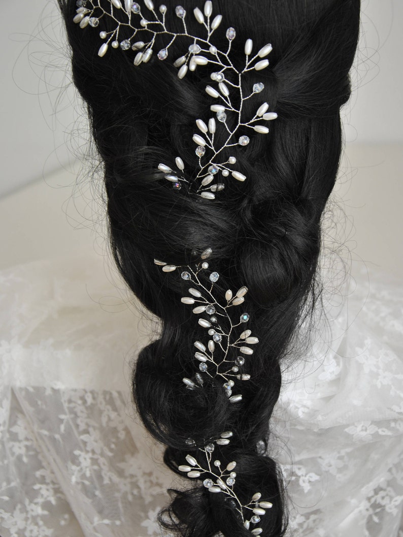 Wedding hair vine Pearl bridal headpiece long Wedding hair accessories Silver headband Baby breath hair piece Crystal halo Ornament Wreath