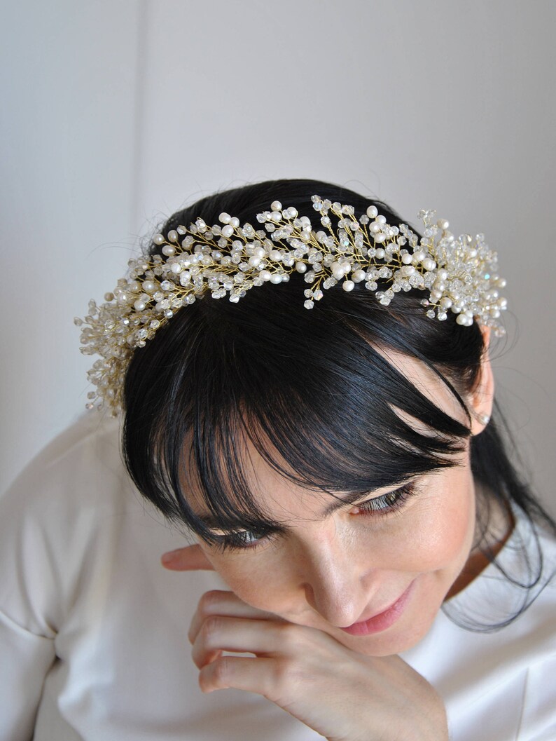 Big bridal headpiece Bohemian wedding crown Pearl and crystal Etsy