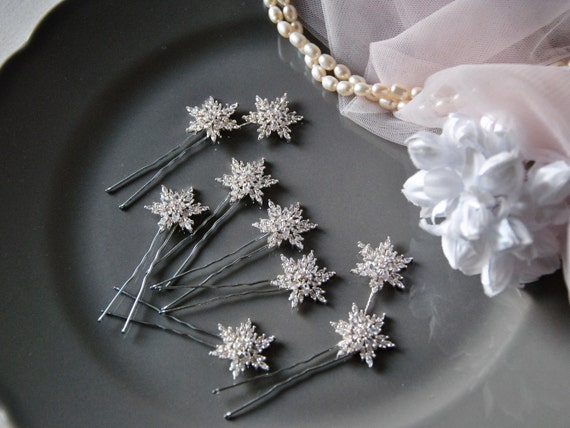 Snowflake Hair Pins Winter Wedding Hair Brooch Crystal Side Etsy