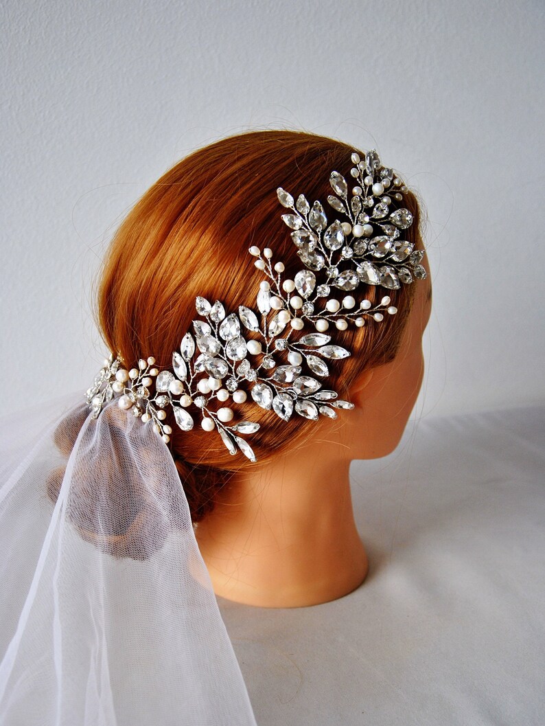Big wedding diamond headband Pearl and crystal bridal hair