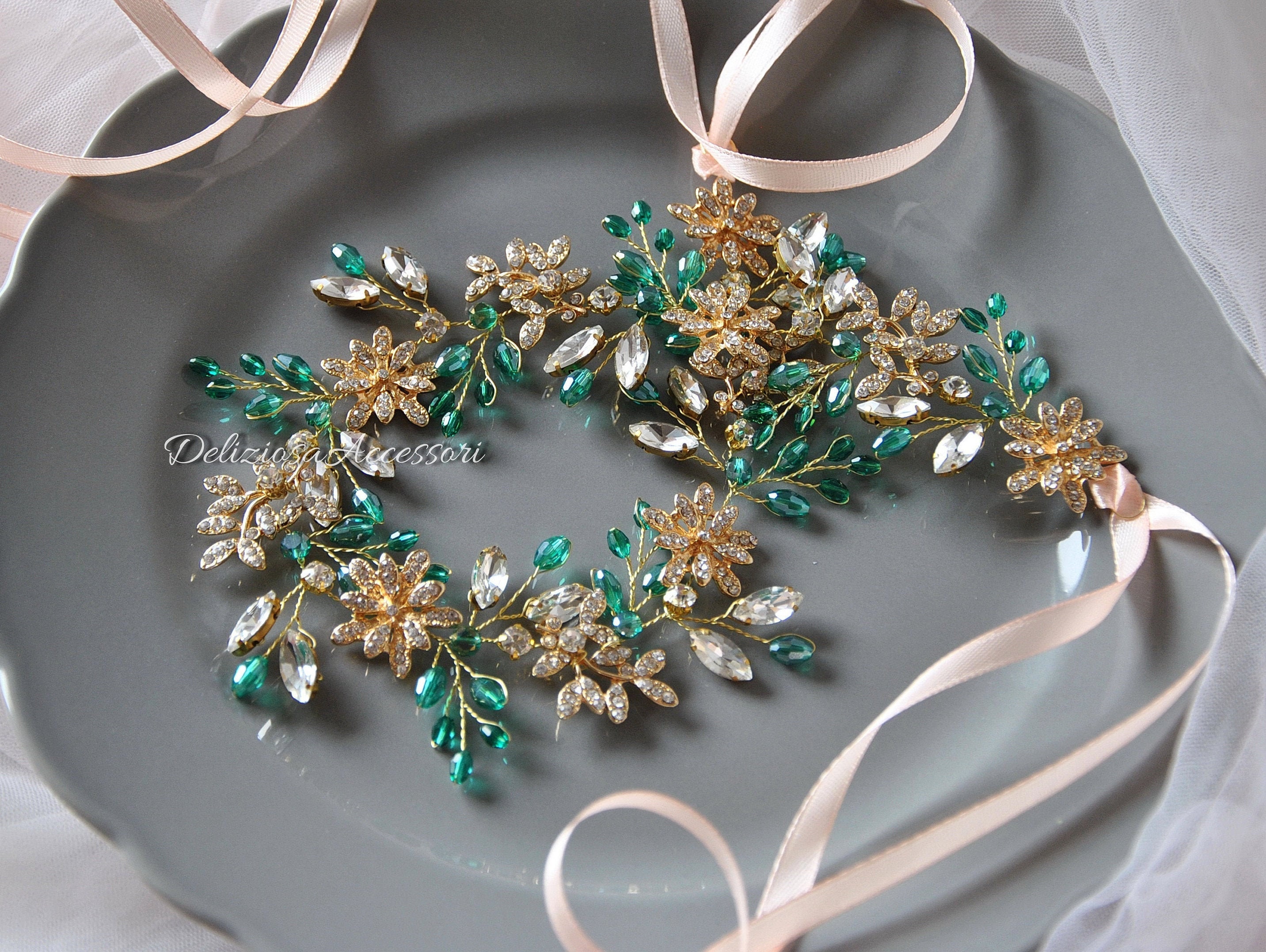 Emerald Hair Vine Gold Green Bridal Headpiece Emerald Hair