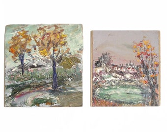 Autumn Landscape Two Hand Painted Oil Paintings on Phaser Signed. Vintage Autumn Oil Paintings, Collectible Oil Paintings