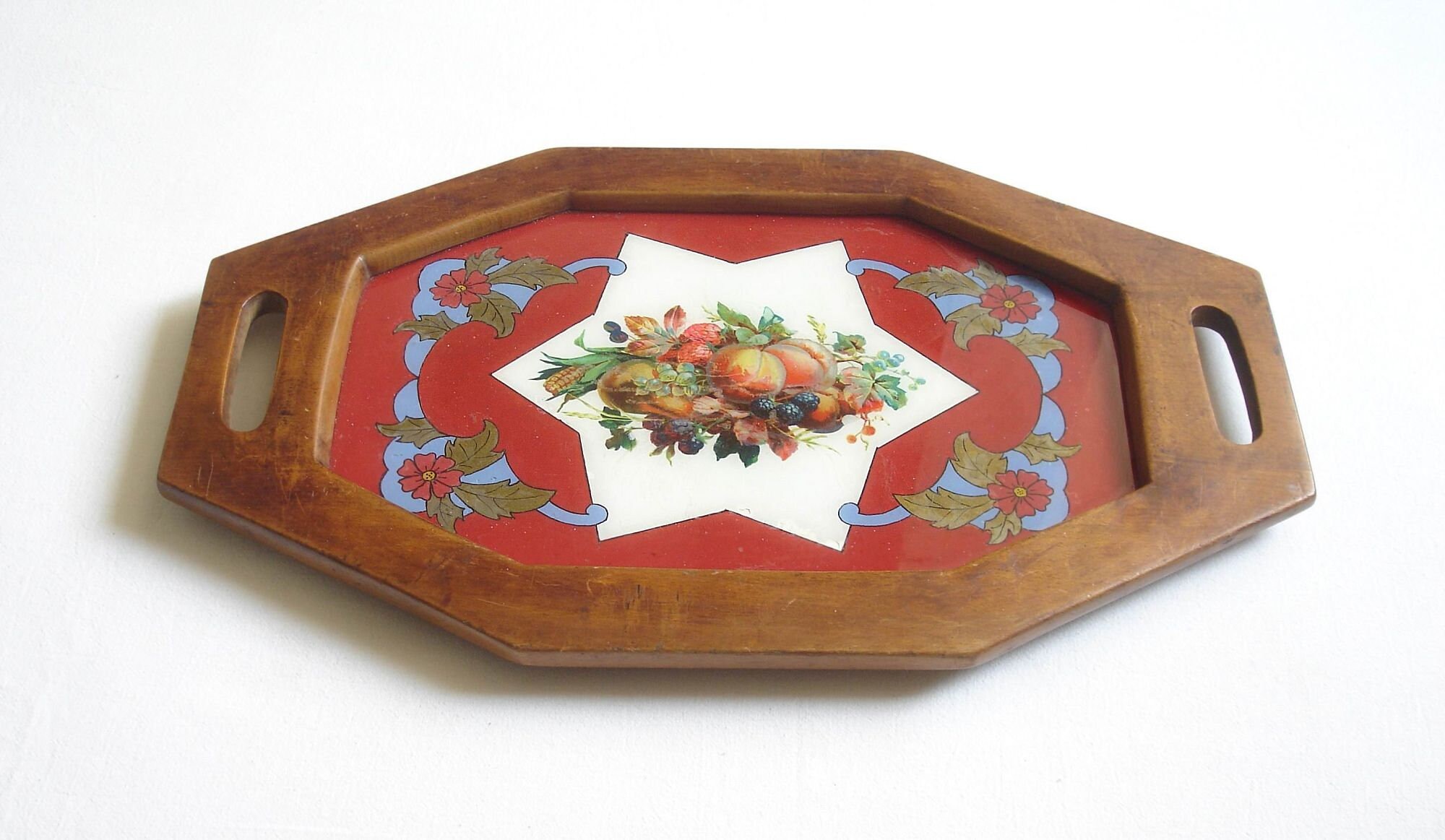Vintage Wooden Serving Tray With Handles and Glass Coffee Tea Etsy