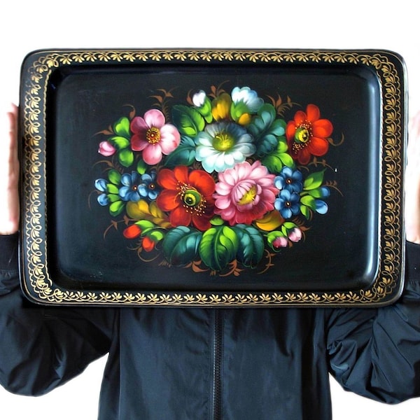 Vintage Russian Hand Painted Serving Tray Flowers. Vintage Serving Tray Floral Russian Hand Painted Metal, Hand Painted Tole Tray Zhostovo