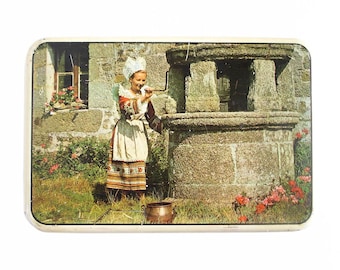 Vintage French Country Style Biscuit Tin Box MASSILLY, Girl in Traditional French Clothes. Vintage Cookies Litho Tin Box, Collectable Tins