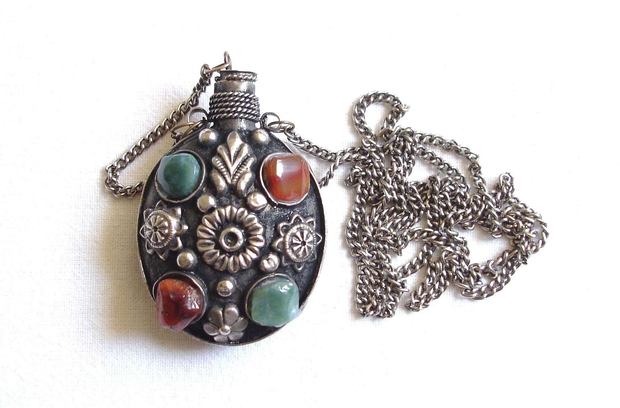 Antique Enamel and Sterling Silver Chatelaine Perfume Bottle Necklace -