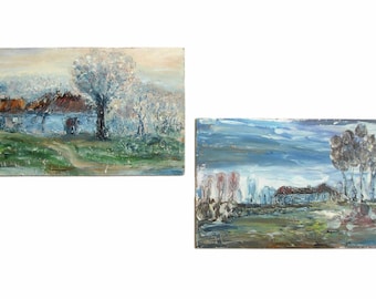 Rural Landscape Two Hand Painted Oil Paintings on Phaser Signed. Vintage Countryside Landscape Oil Paintings, Collectible Oil Paintings