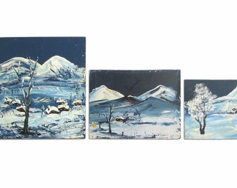 Winter Landscape Three Hand Painted Oil Paintings on Phaser Signed. Vintage Winter oil Paintings, Collectible Oil Paintings