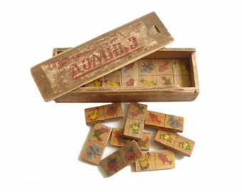 Vintage DOMINO-SET aus Holz aus den 1940er Jahren, antikes Tierbild-Domino-Domino-Spielset