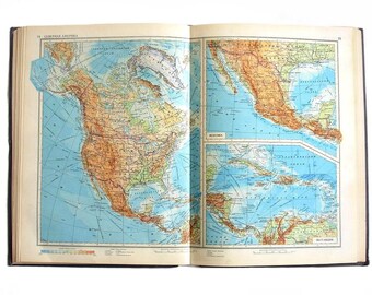 Vintage Large World Maps Geographical Atlas. Russian Soviet USSR Educational Hardcover Geographic Atlas 1955