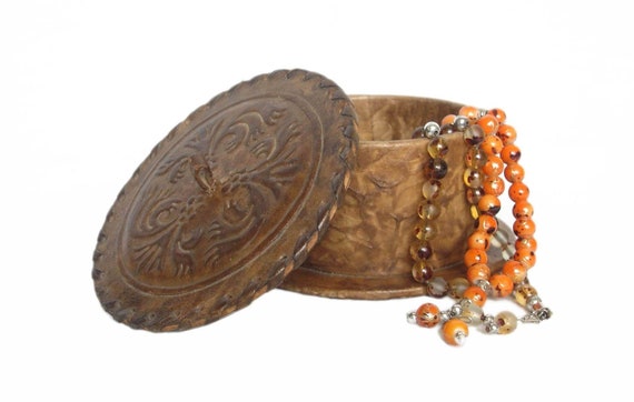 Vintage Bulgarian Tooled Leather Jewelry Trinket … - image 1