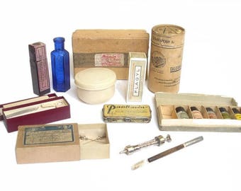 Antiques Medical and Apothecary Collection Set. Pills, Bottles, Ampoules, Medical Boxes, Syringe. Antique Medicine, Mix Different Items