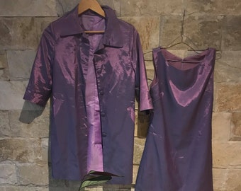 1960's Vintage Metallic Purple 2 Piece Set/ Power Suit Dress and Blazer Jacket Set/ Party suit/ Clueless style/ Matching sets