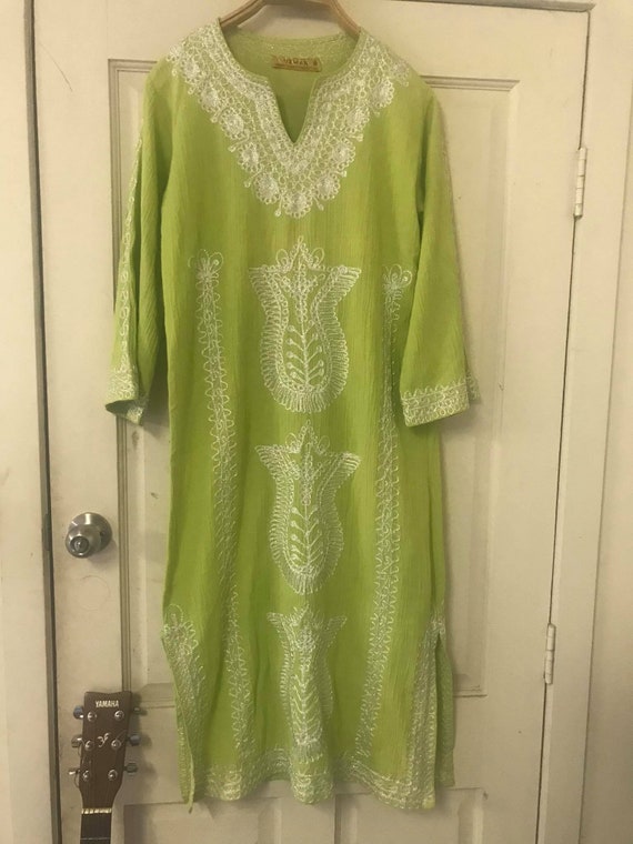 Embroidery Lime Green Dress/ 100% Cotton/ Made in