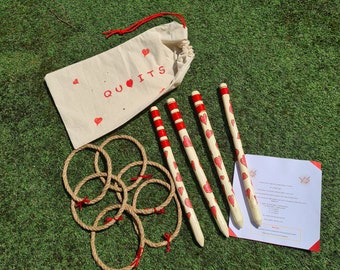 Handmade Quoits Ring Toss Hoopla Wedding Lawn Garden Game. Red hearts, ribbons, solid wood, jute rings, instructions, carry bag. Beach play.