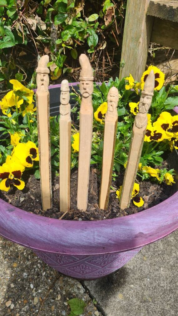 Plant Markers Garden Stakes Labels Hazel Hand Carved Heads Set Etsy UK