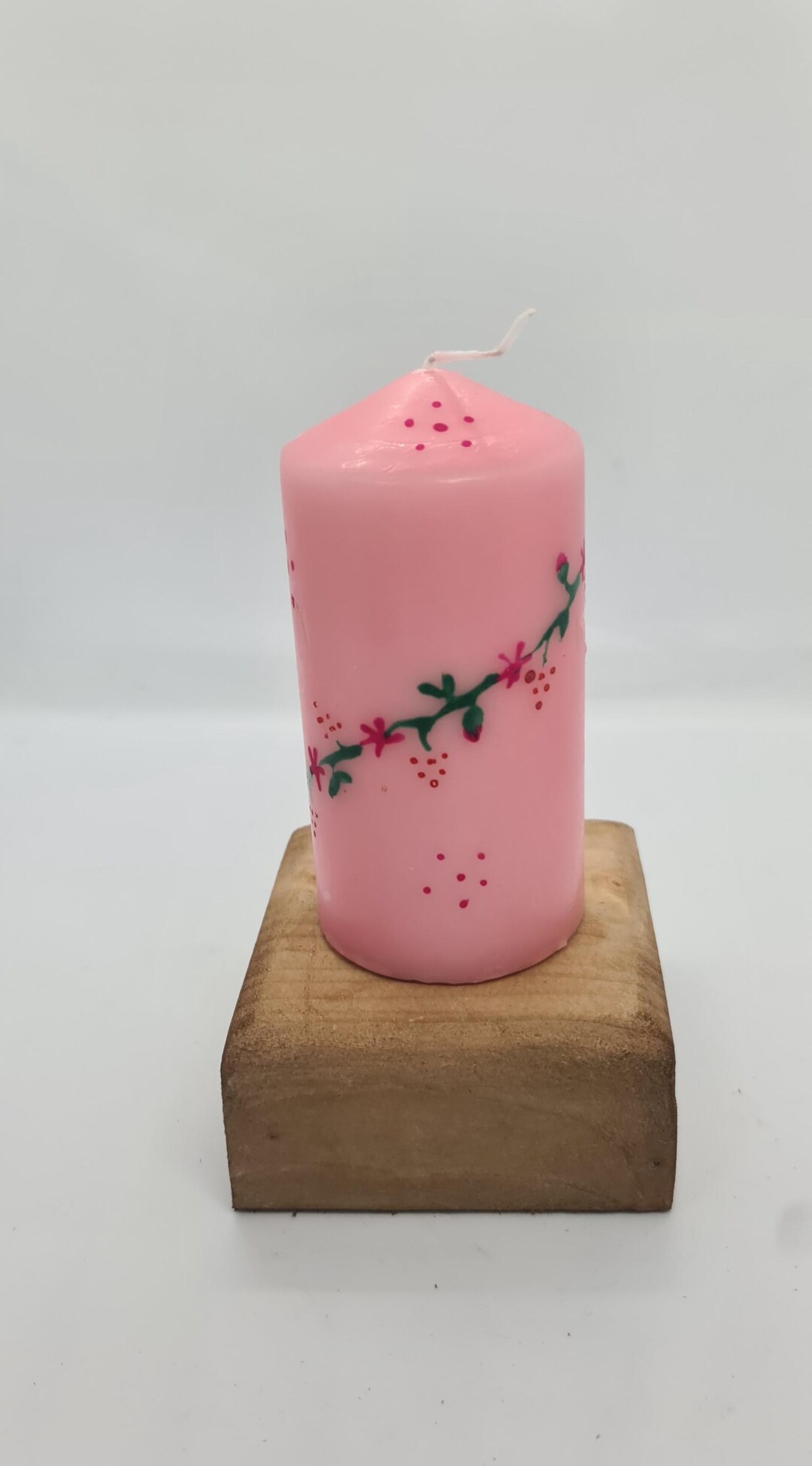 Hand Painted Pillar Candle With Flowers, Buds, Leaves Design on Pink ...