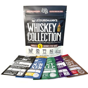 May include: A black packet of "Leisuremann's Whiskey Collection" with the text "Makes 5 Drinks Per Bag." Below are six single-serve cocktail mix packets in various colours, including black, blue, and green. The packets are labelled with cocktail names.