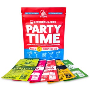 May include: A red packet of Leisuremann's Party Time drink mixers, featuring the text "Party Time". The packet makes 5 drinks and includes individual sachets for cocktails such as Margarita and Cosmopolitan.