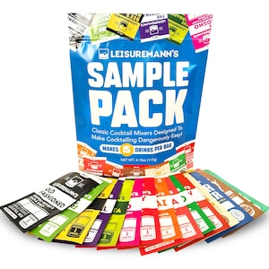 May include: A blue bag with the text "Leisuremann's Sample Pack" and "Classic Cocktail Mixers Designed To Make Cocktailing Dangerously Easy!" The bag contains 15 individual packets of cocktail mix, each with a different flavour. The packets are arranged in a fan shape, with the text facing outwards. The text on the packets includes "Old Fashioned", "Margarita", "Moscow Mule", "Cosmopolitan", "Whiskey Sour", "Daiquiri", "Gin & Tonic", "Rum & Coke", "Bloody Mary", "Mimosa", "Pina Colada", "Long Island Iced Tea", "Mojito", "Strawberry Daiquiri", and "Lemon Drop".