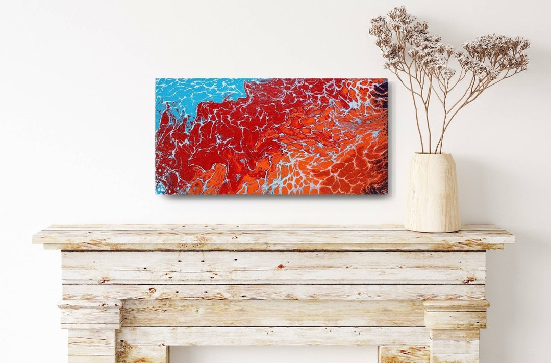 オリジナルアクリルキャンバス絵画：オレンジ、赤、青の抽象画 - Etsy 日本