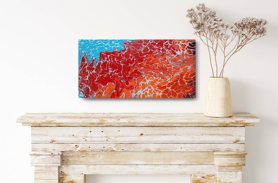 オリジナルアクリルキャンバス絵画：オレンジ、赤、青の抽象画 - Etsy 日本