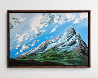 Snow Capped Mountain Painting: Framed Acrylic Landscape by Canadian Artist