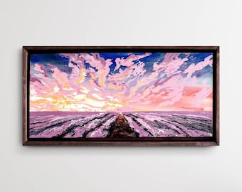 Lavender Field Acrylic Painting on Canvas, Framed Floral Landscape Art