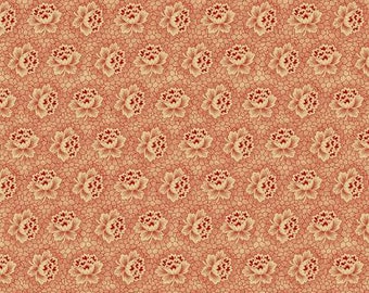 Puede incluir: Un patrón sin costuras con un diseño repetitivo de flores estilizadas de color beige claro sobre un fondo rojo.
