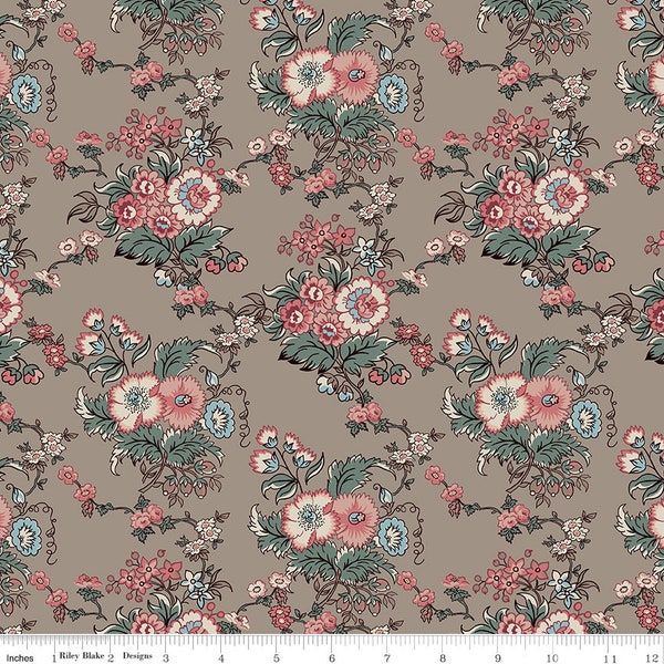 Marianne - Jane Austen at Home by Jane Austen's House for Riley Blake Designs - C1007 - Coral, Sage and Tan Floral - By the Half Yard